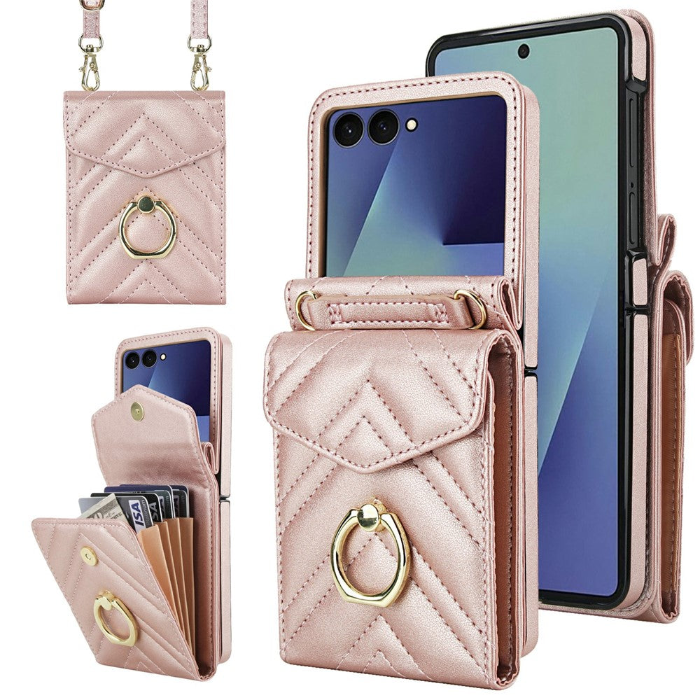 For Samsung Galaxy Z Flip7 5G Case RFID Blocking PU Leather + TPU Phone Cover with Shoulder Strap - Rose Gold
