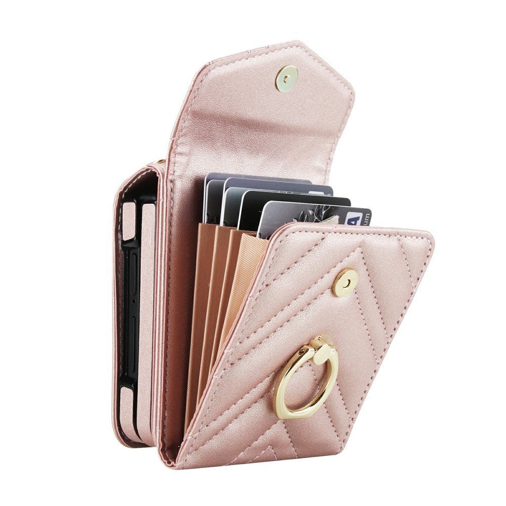 For Samsung Galaxy Z Flip7 5G Case RFID Blocking PU Leather + TPU Phone Cover with Shoulder Strap - Rose Gold