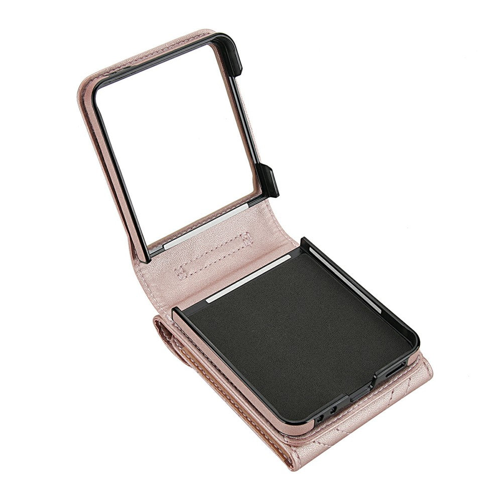 For Samsung Galaxy Z Flip7 5G Case RFID Blocking PU Leather + TPU Phone Cover with Shoulder Strap - Rose Gold