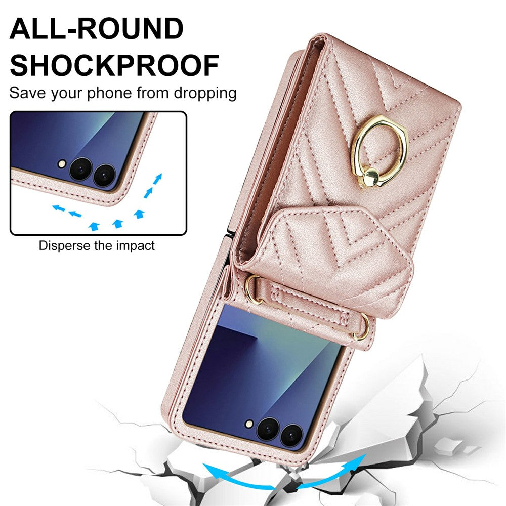 For Samsung Galaxy Z Flip7 5G Case RFID Blocking PU Leather + TPU Phone Cover with Shoulder Strap - Rose Gold