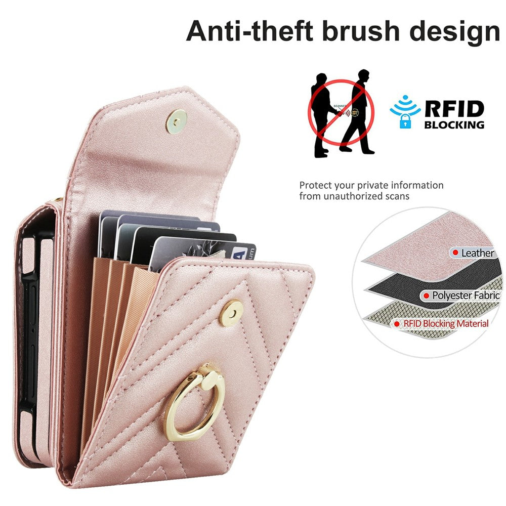 For Samsung Galaxy Z Flip7 5G Case RFID Blocking PU Leather + TPU Phone Cover with Shoulder Strap - Rose Gold