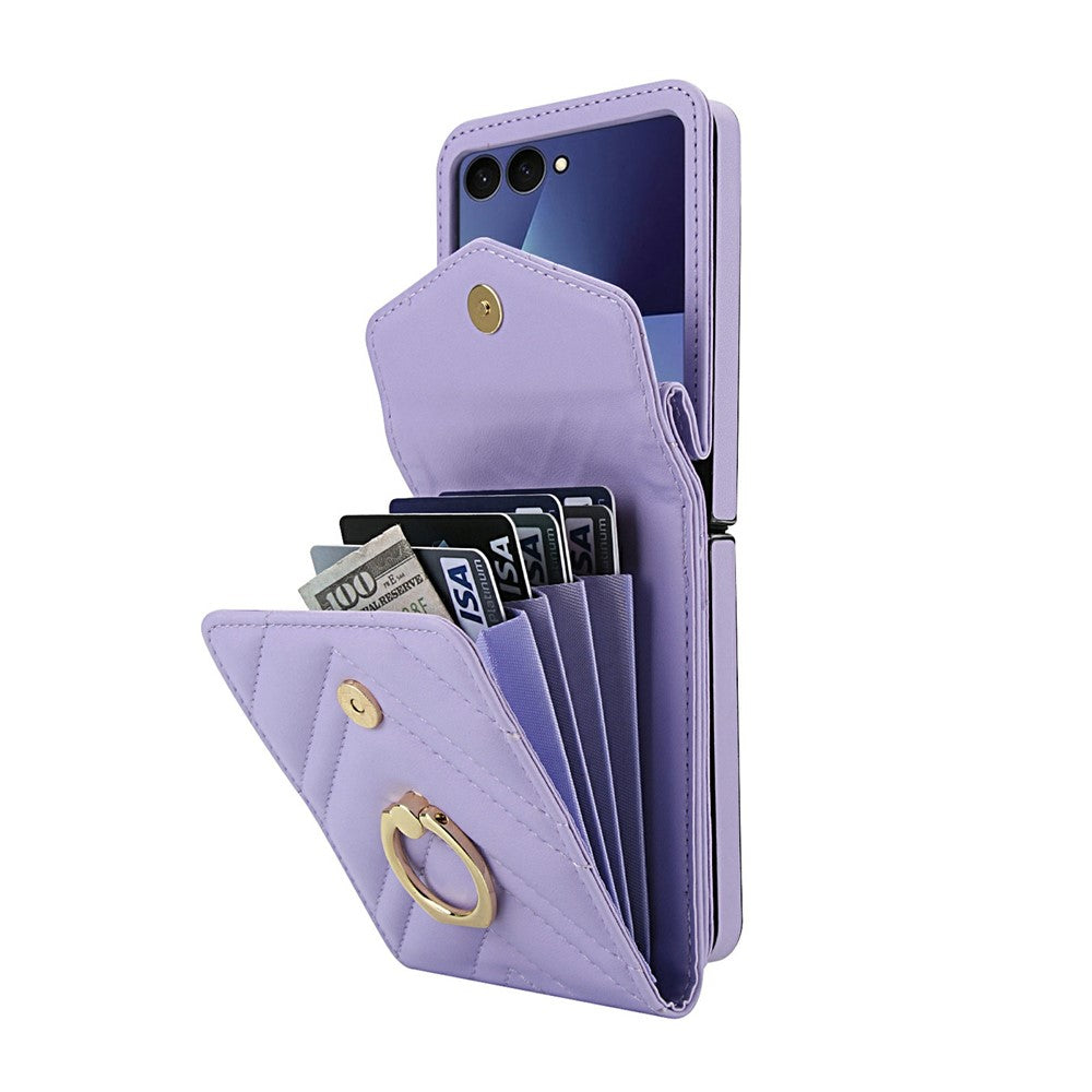 For Samsung Galaxy Z Flip7 5G Case RFID Blocking PU Leather + TPU Phone Cover with Shoulder Strap - Light Purple