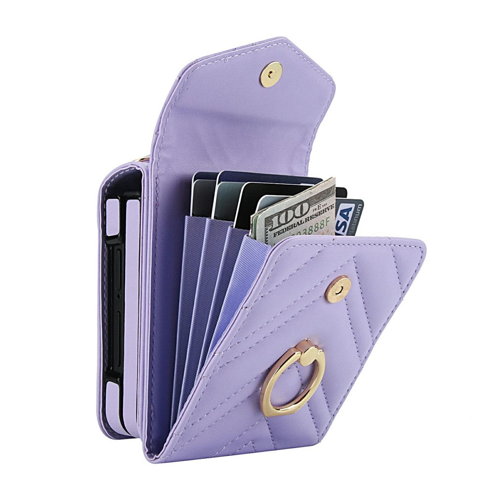 For Samsung Galaxy Z Flip7 5G Case RFID Blocking PU Leather + TPU Phone Cover with Shoulder Strap - Light Purple