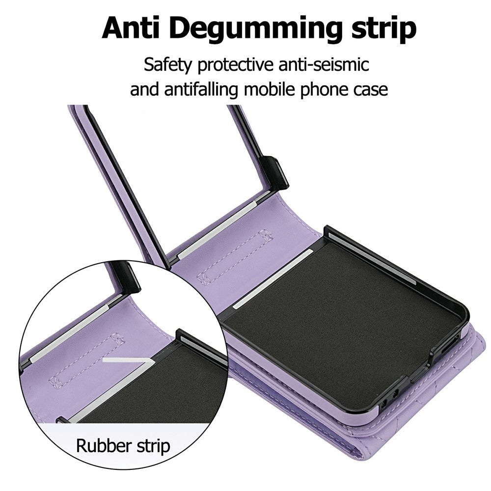 For Samsung Galaxy Z Flip7 5G Case RFID Blocking PU Leather + TPU Phone Cover with Shoulder Strap - Light Purple