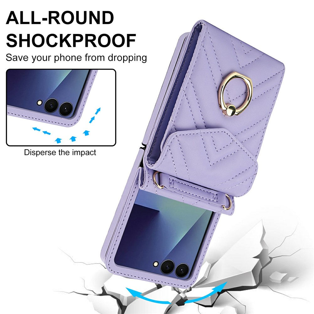 For Samsung Galaxy Z Flip7 5G Case RFID Blocking PU Leather + TPU Phone Cover with Shoulder Strap - Light Purple