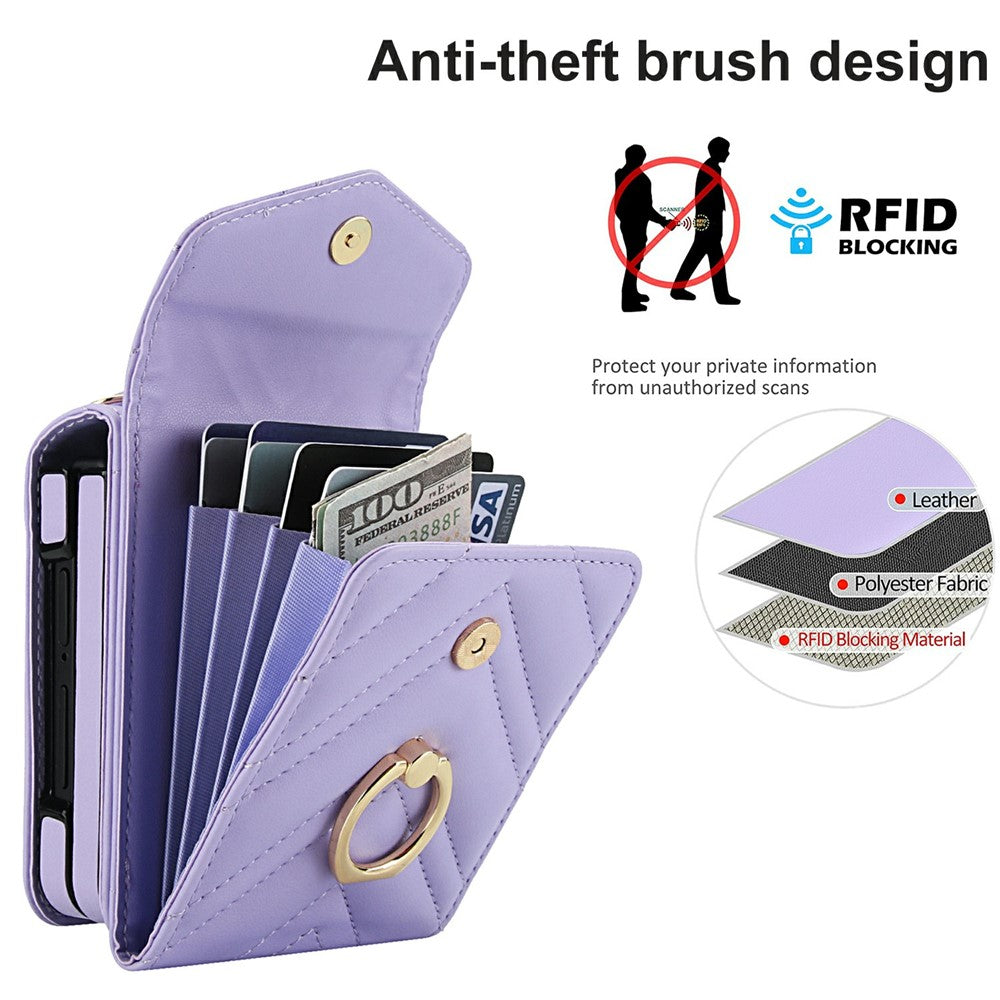 For Samsung Galaxy Z Flip7 5G Case RFID Blocking PU Leather + TPU Phone Cover with Shoulder Strap - Light Purple