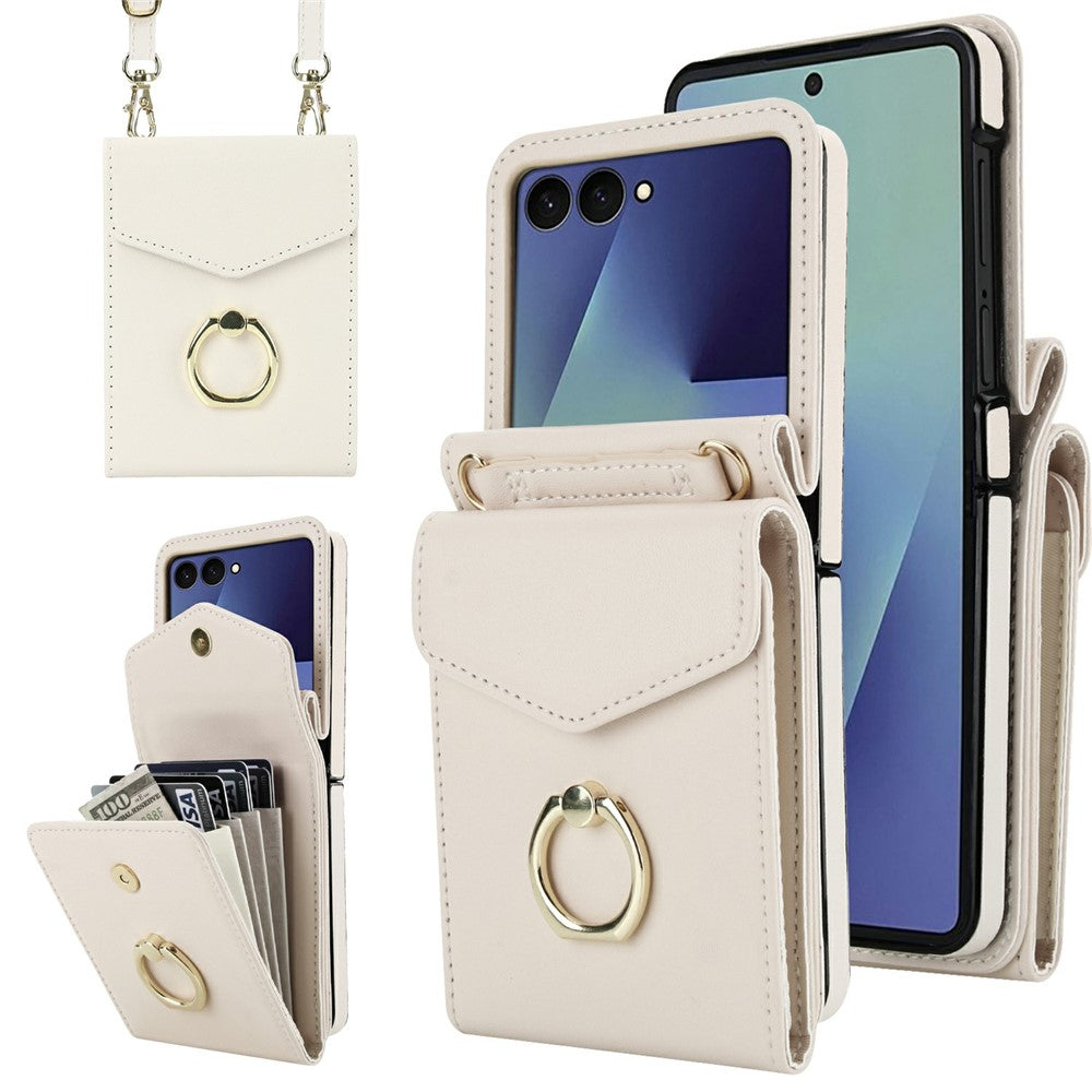 For Samsung Galaxy Z Flip7 5G Case Litchi Texture PU Leather + TPU Phone Cover with Shoulder Strap - White