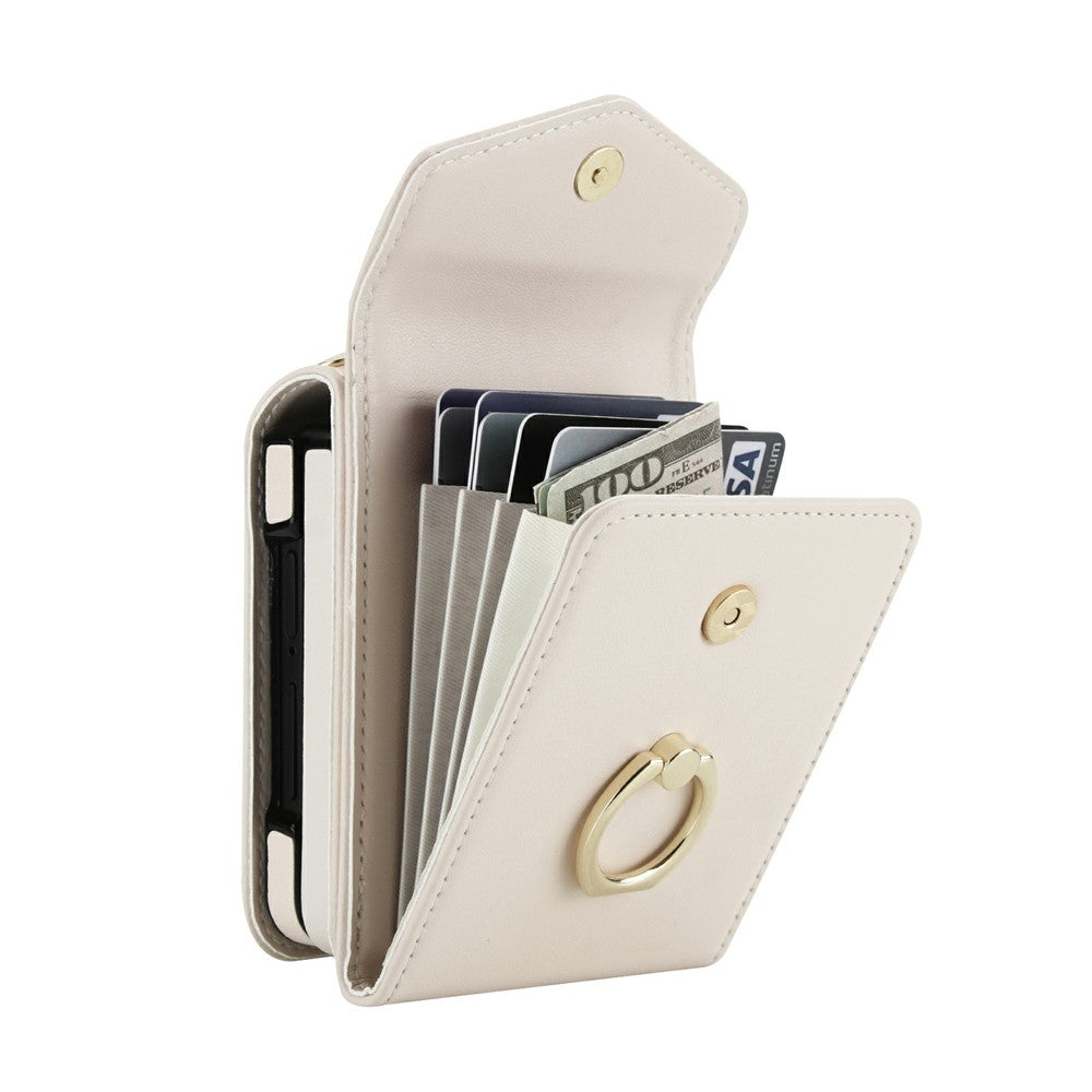 For Samsung Galaxy Z Flip7 5G Case Litchi Texture PU Leather + TPU Phone Cover with Shoulder Strap - White
