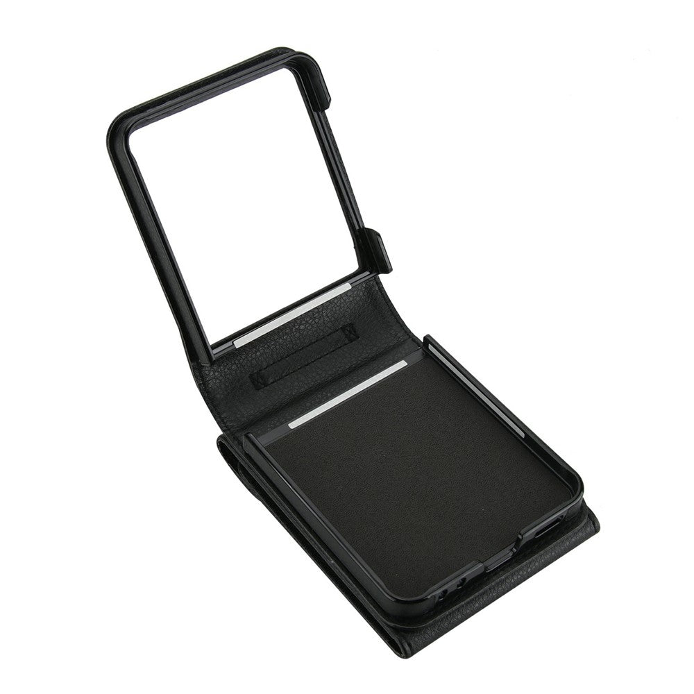 For Samsung Galaxy Z Flip7 5G Case Litchi Texture PU Leather + TPU Phone Cover with Shoulder Strap - Black
