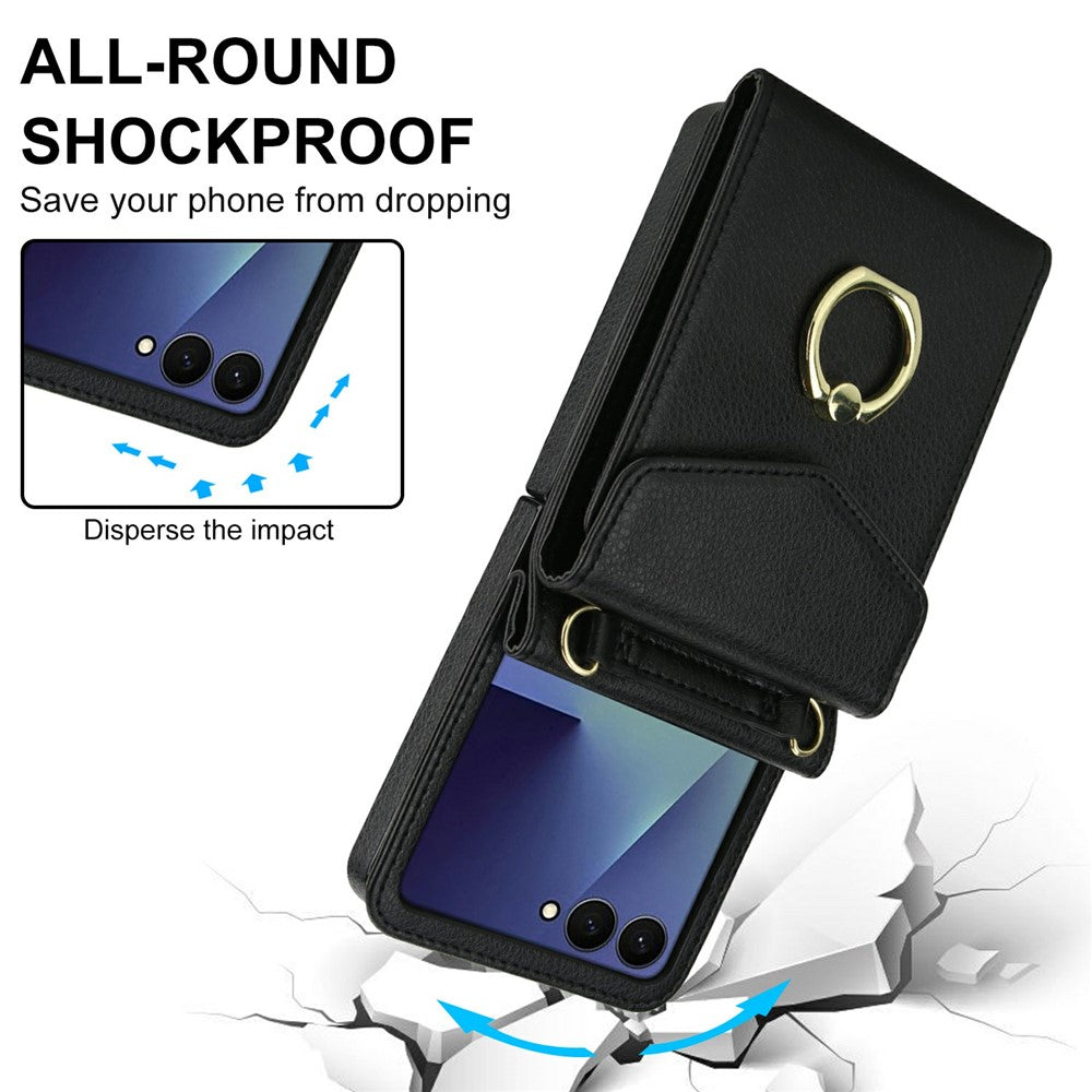 For Samsung Galaxy Z Flip7 5G Case Litchi Texture PU Leather + TPU Phone Cover with Shoulder Strap - Black
