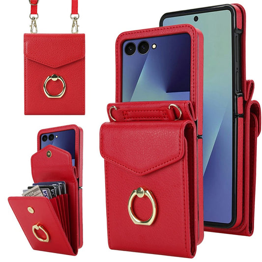 For Samsung Galaxy Z Flip7 5G Case Litchi Texture PU Leather + TPU Phone Cover with Shoulder Strap - Red