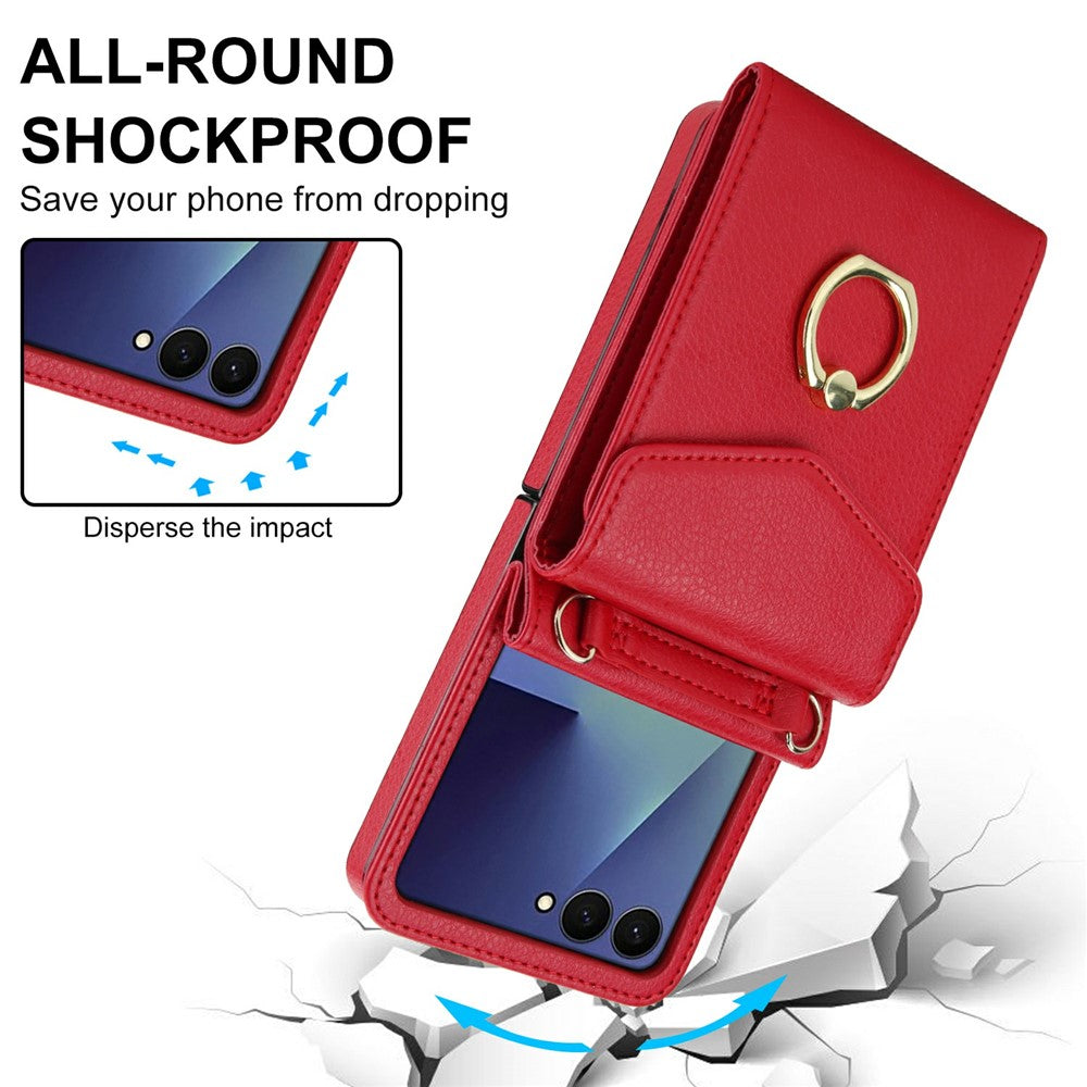For Samsung Galaxy Z Flip7 5G Case Litchi Texture PU Leather + TPU Phone Cover with Shoulder Strap - Red