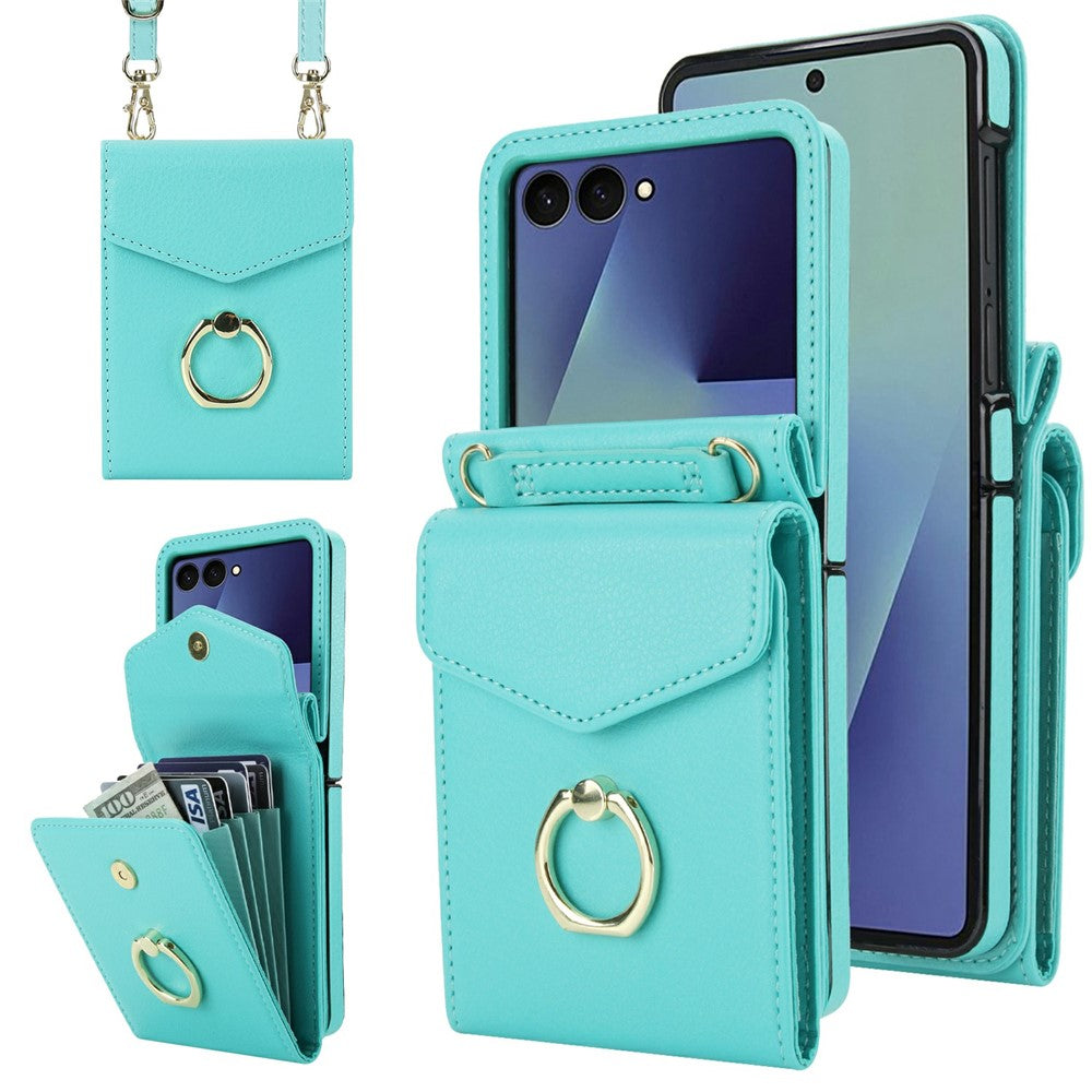 For Samsung Galaxy Z Flip7 5G Case Litchi Texture PU Leather + TPU Phone Cover with Shoulder Strap - Mint Green