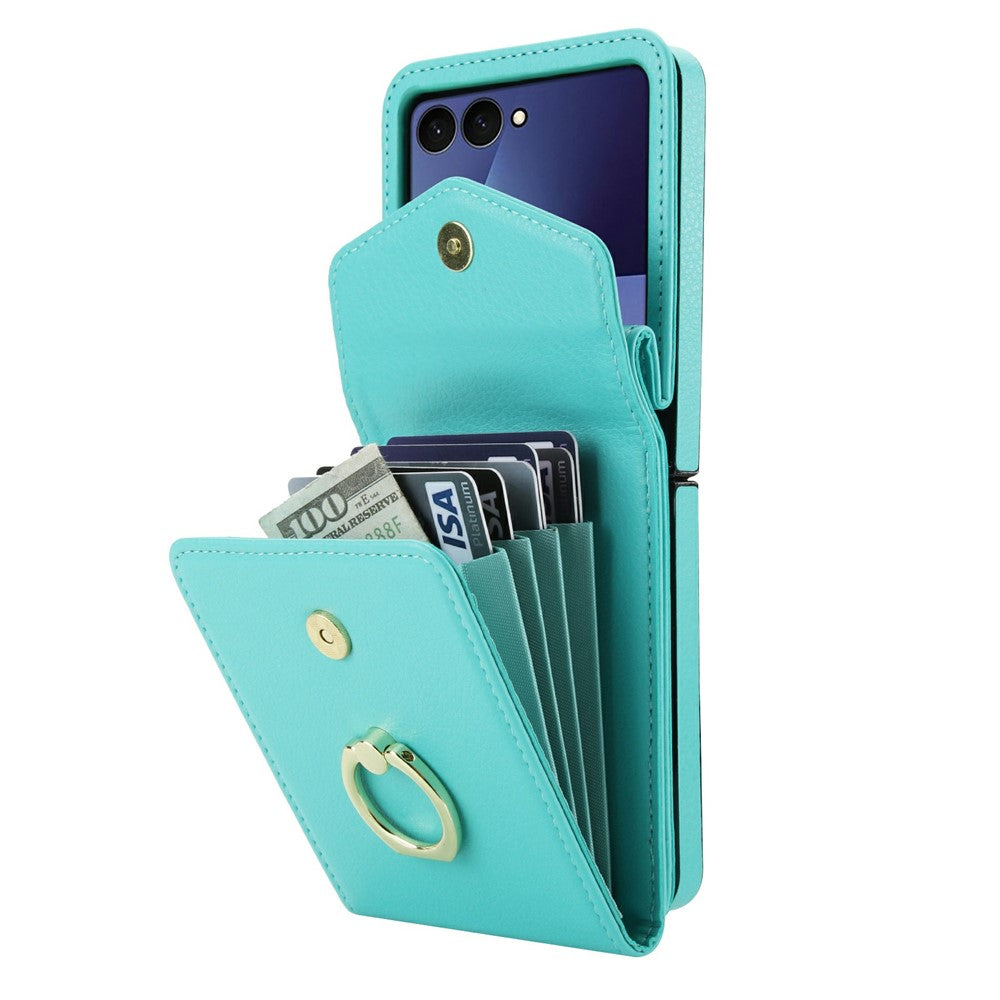 For Samsung Galaxy Z Flip7 5G Case Litchi Texture PU Leather + TPU Phone Cover with Shoulder Strap - Mint Green
