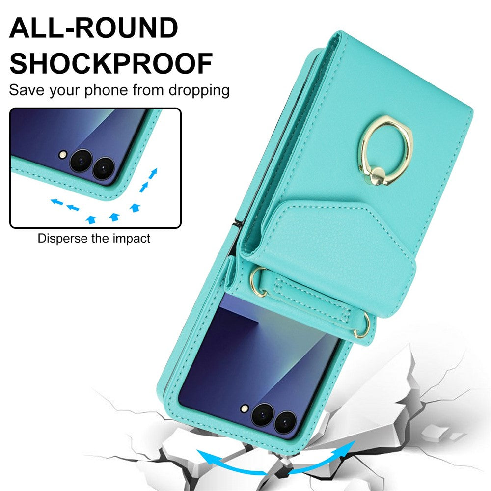 For Samsung Galaxy Z Flip7 5G Case Litchi Texture PU Leather + TPU Phone Cover with Shoulder Strap - Mint Green