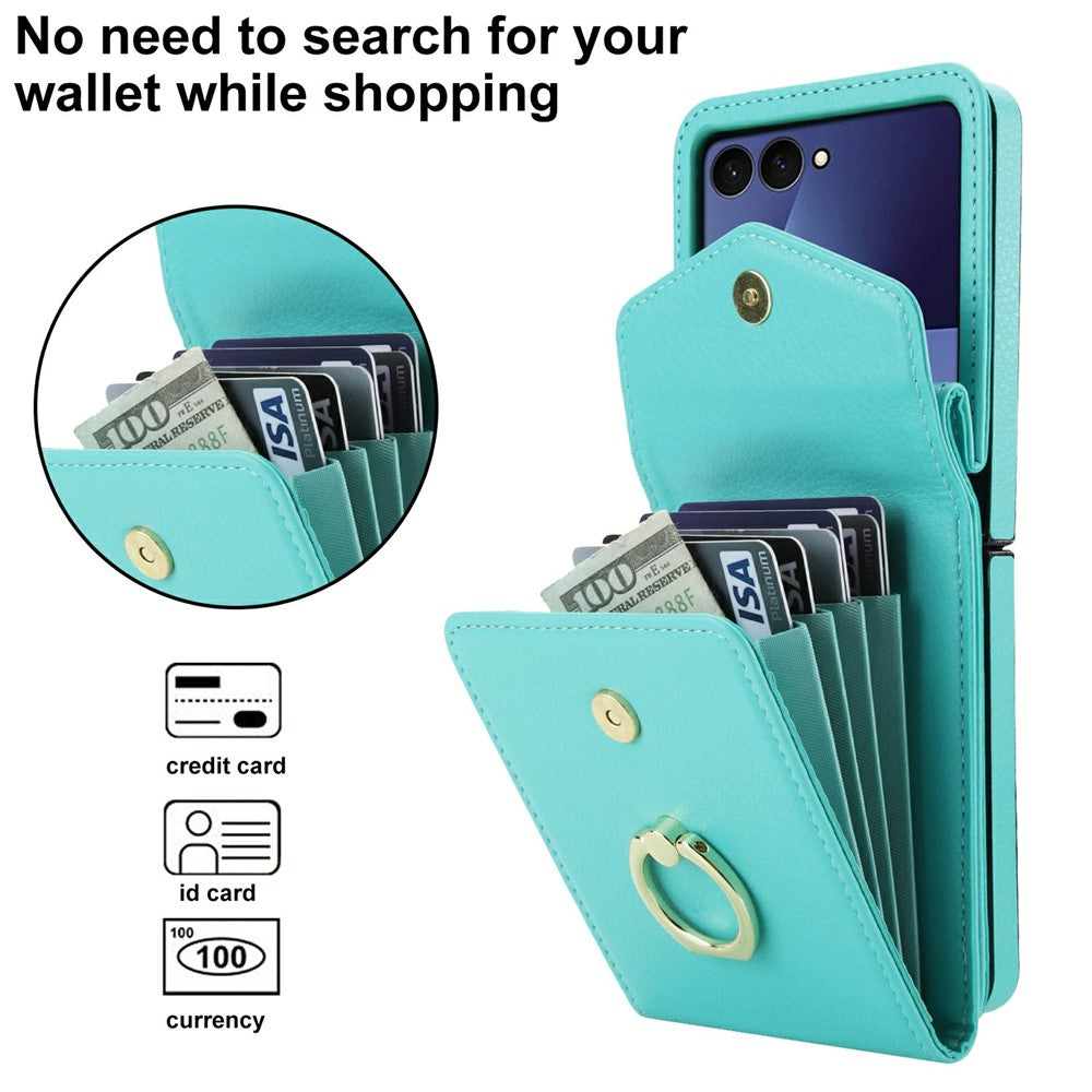 For Samsung Galaxy Z Flip7 5G Case Litchi Texture PU Leather + TPU Phone Cover with Shoulder Strap - Mint Green