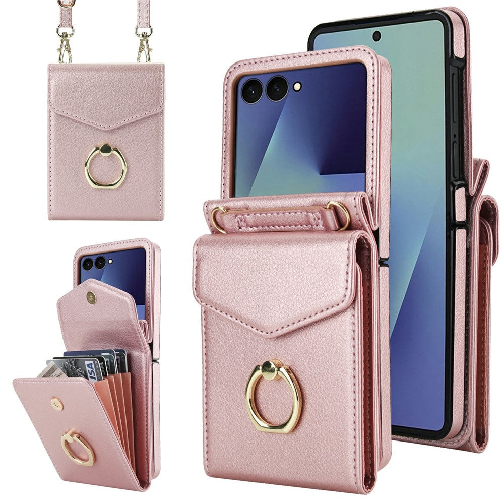 For Samsung Galaxy Z Flip7 5G Case Litchi Texture PU Leather + TPU Phone Cover with Shoulder Strap - Rose Gold