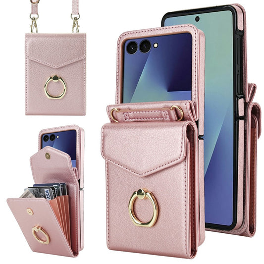 For Samsung Galaxy Z Flip7 5G Case Litchi Texture PU Leather + TPU Phone Cover with Shoulder Strap - Rose Gold