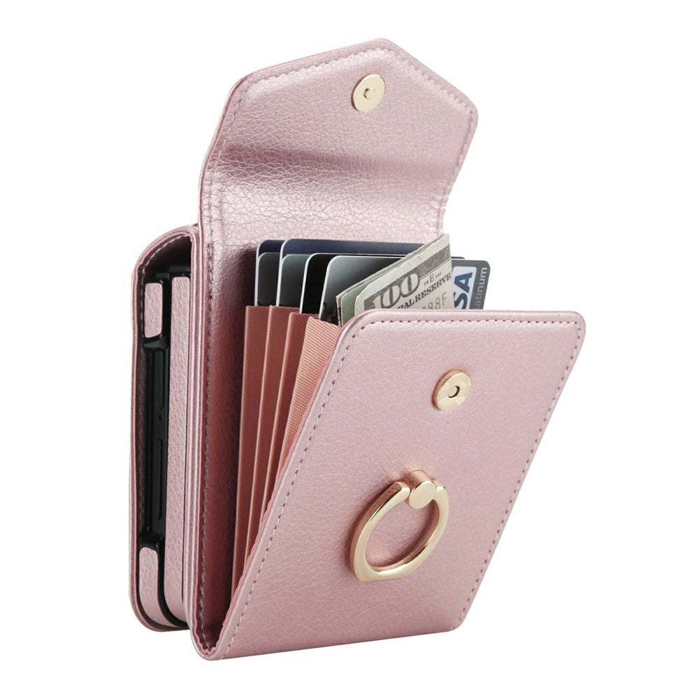 For Samsung Galaxy Z Flip7 5G Case Litchi Texture PU Leather + TPU Phone Cover with Shoulder Strap - Rose Gold