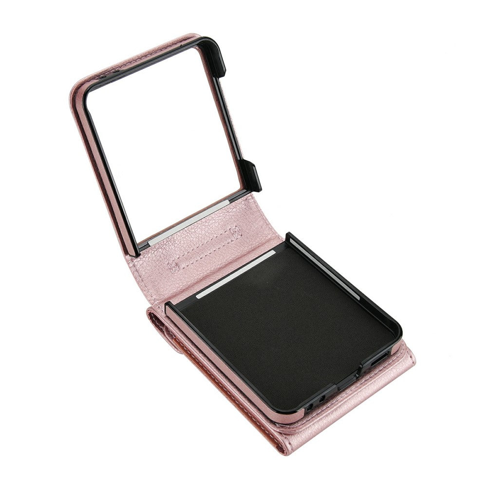 For Samsung Galaxy Z Flip7 5G Case Litchi Texture PU Leather + TPU Phone Cover with Shoulder Strap - Rose Gold