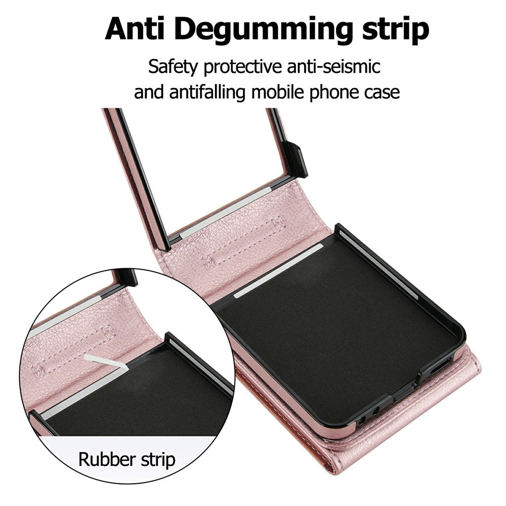 For Samsung Galaxy Z Flip7 5G Case Litchi Texture PU Leather + TPU Phone Cover with Shoulder Strap - Rose Gold