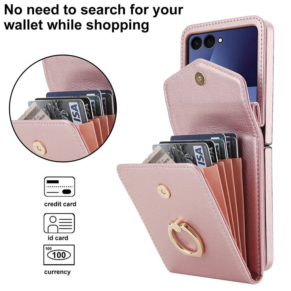 For Samsung Galaxy Z Flip7 5G Case Litchi Texture PU Leather + TPU Phone Cover with Shoulder Strap - Rose Gold