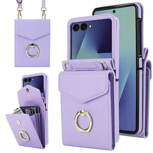 For Samsung Galaxy Z Flip7 5G Case Litchi Texture PU Leather + TPU Phone Cover with Shoulder Strap - Light Purple