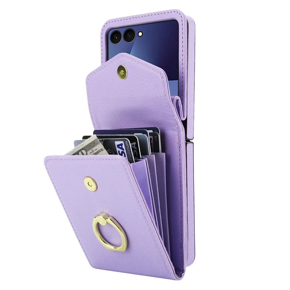 For Samsung Galaxy Z Flip7 5G Case Litchi Texture PU Leather + TPU Phone Cover with Shoulder Strap - Light Purple