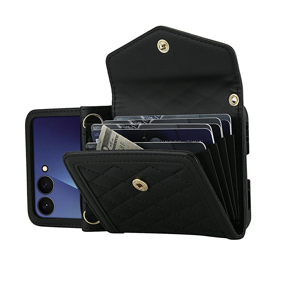 For Samsung Galaxy Z Flip7 5G Case Card Holders RFID Blocking PU Leather Phone Back Cover with Shoulder Strap - Black