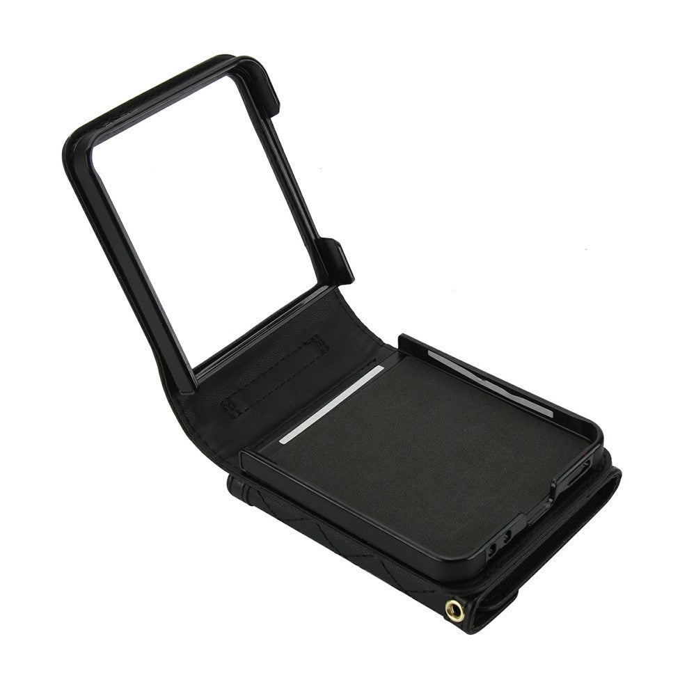 For Samsung Galaxy Z Flip7 5G Case Card Holders RFID Blocking PU Leather Phone Back Cover with Shoulder Strap - Black