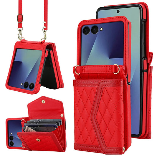 For Samsung Galaxy Z Flip7 5G Case Card Holders RFID Blocking PU Leather Phone Back Cover with Shoulder Strap - Red