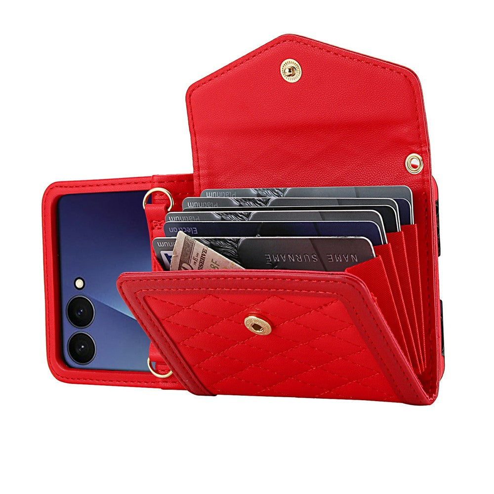 For Samsung Galaxy Z Flip7 5G Case Card Holders RFID Blocking PU Leather Phone Back Cover with Shoulder Strap - Red