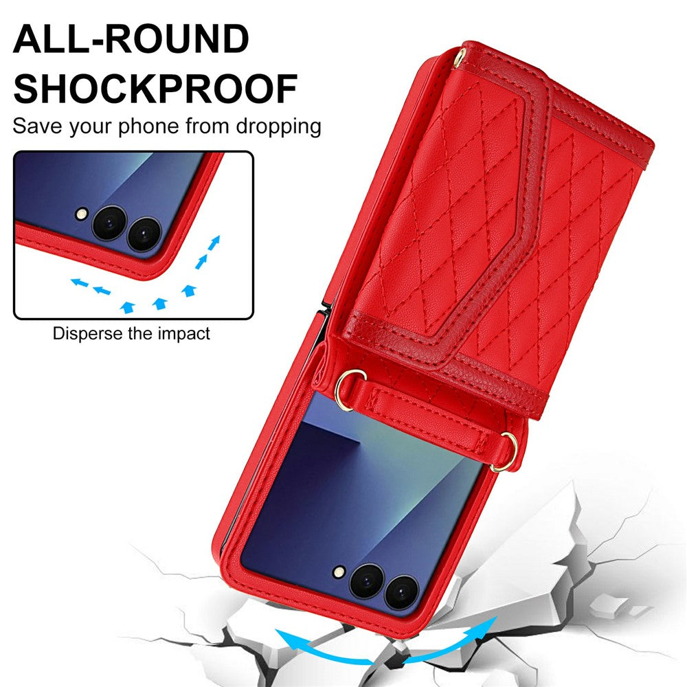 For Samsung Galaxy Z Flip7 5G Case Card Holders RFID Blocking PU Leather Phone Back Cover with Shoulder Strap - Red