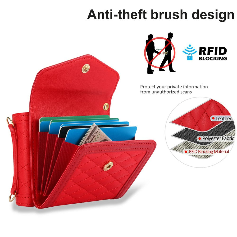 For Samsung Galaxy Z Flip7 5G Case Card Holders RFID Blocking PU Leather Phone Back Cover with Shoulder Strap - Red