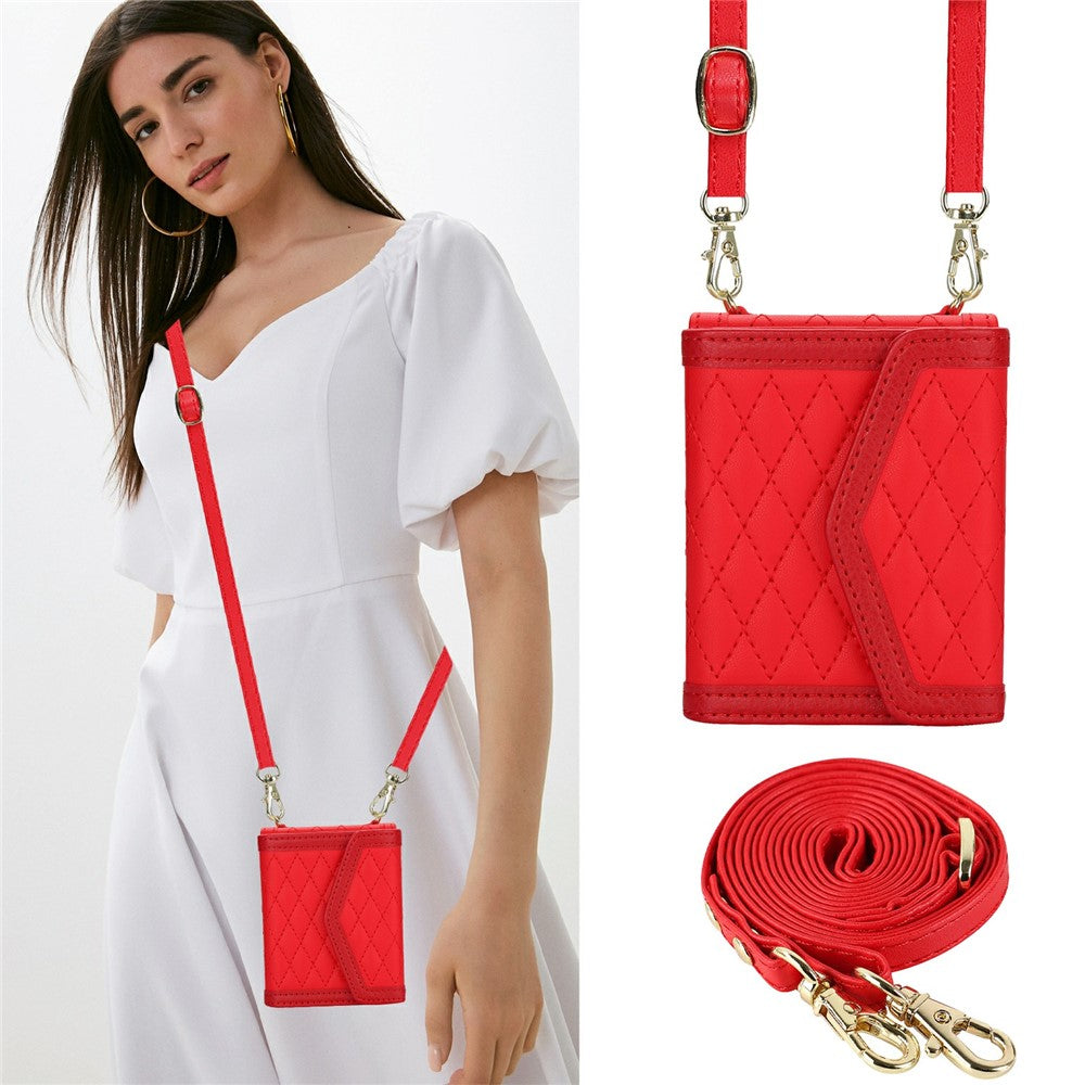 For Samsung Galaxy Z Flip7 5G Case Card Holders RFID Blocking PU Leather Phone Back Cover with Shoulder Strap - Red