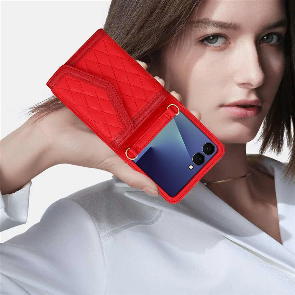 For Samsung Galaxy Z Flip7 5G Case Card Holders RFID Blocking PU Leather Phone Back Cover with Shoulder Strap - Red