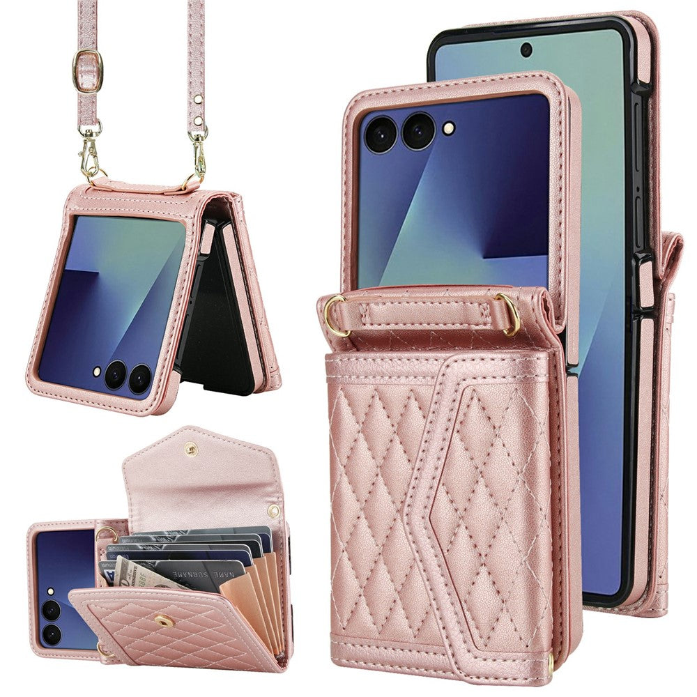For Samsung Galaxy Z Flip7 5G Case Card Holders RFID Blocking PU Leather Phone Back Cover with Shoulder Strap - Rose Gold