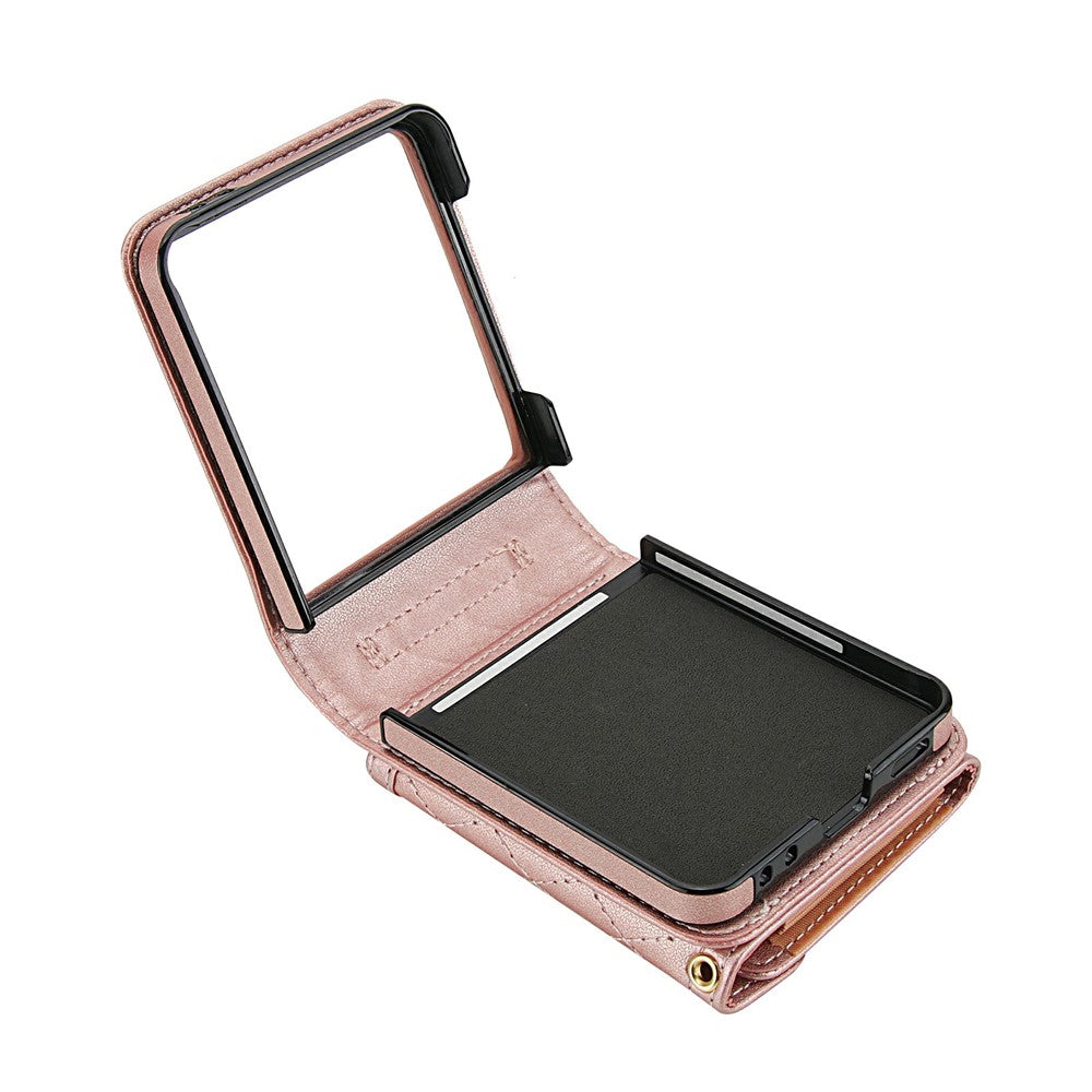 For Samsung Galaxy Z Flip7 5G Case Card Holders RFID Blocking PU Leather Phone Back Cover with Shoulder Strap - Rose Gold