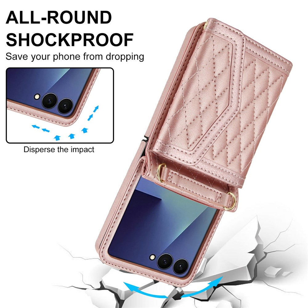 For Samsung Galaxy Z Flip7 5G Case Card Holders RFID Blocking PU Leather Phone Back Cover with Shoulder Strap - Rose Gold