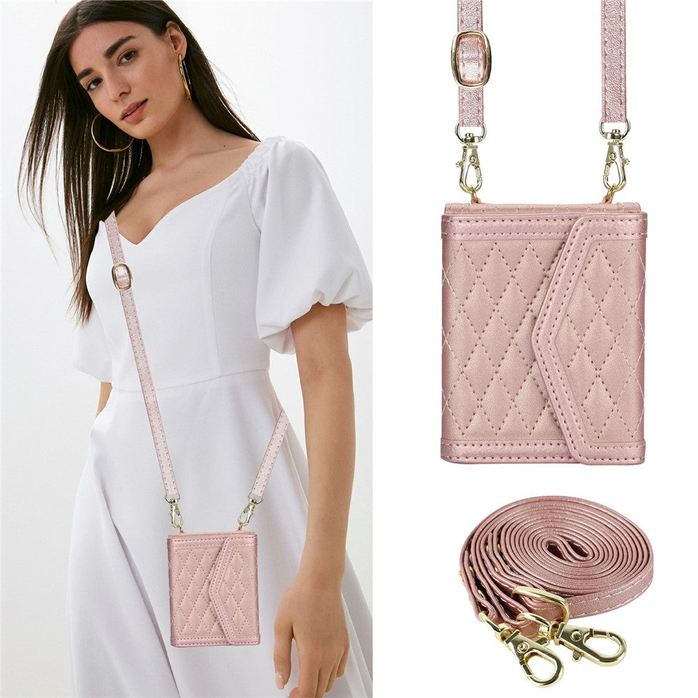 For Samsung Galaxy Z Flip7 5G Case Card Holders RFID Blocking PU Leather Phone Back Cover with Shoulder Strap - Rose Gold