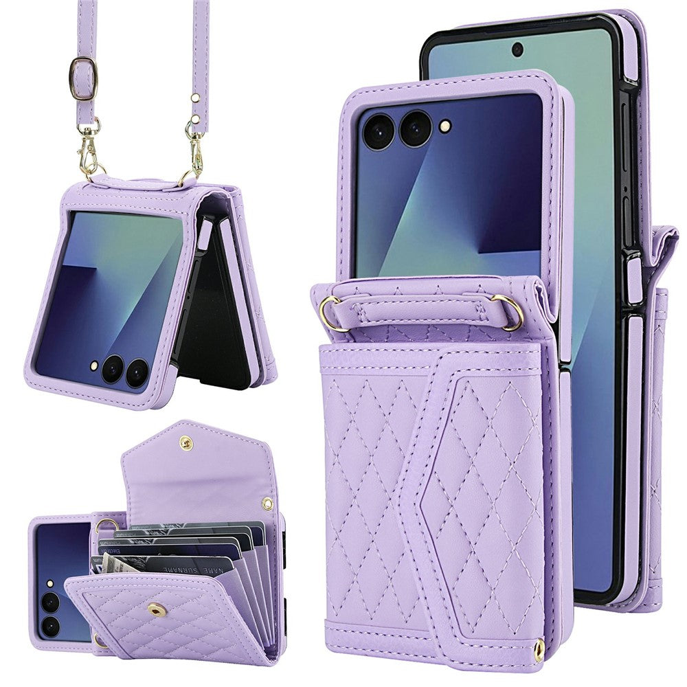 For Samsung Galaxy Z Flip7 5G Case Card Holders RFID Blocking PU Leather Phone Back Cover with Shoulder Strap - Purple