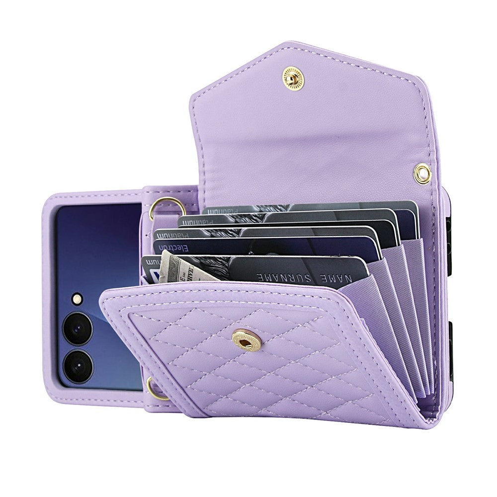 For Samsung Galaxy Z Flip7 5G Case Card Holders RFID Blocking PU Leather Phone Back Cover with Shoulder Strap - Purple