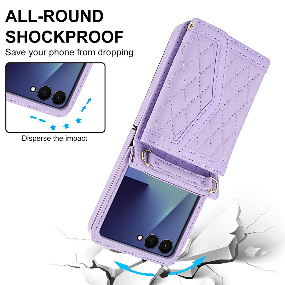 For Samsung Galaxy Z Flip7 5G Case Card Holders RFID Blocking PU Leather Phone Back Cover with Shoulder Strap - Purple