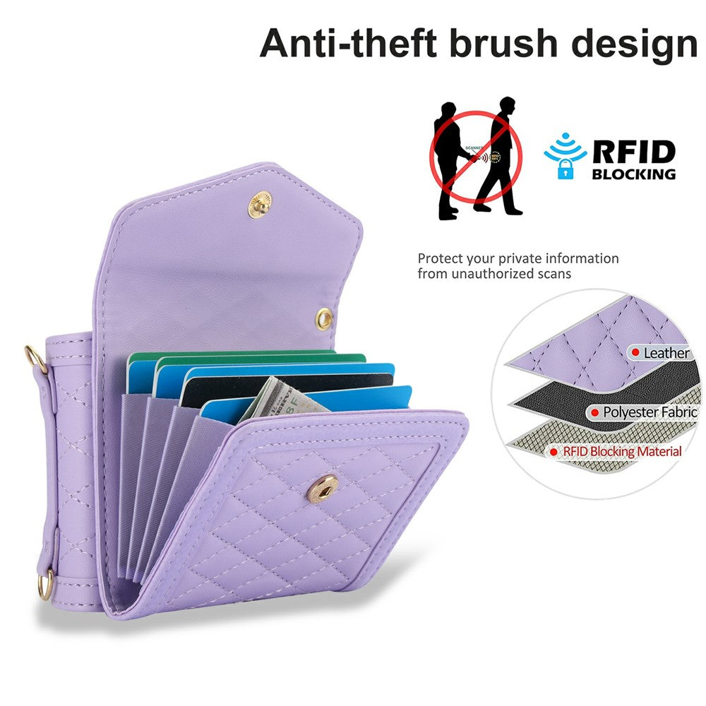 For Samsung Galaxy Z Flip7 5G Case Card Holders RFID Blocking PU Leather Phone Back Cover with Shoulder Strap - Purple