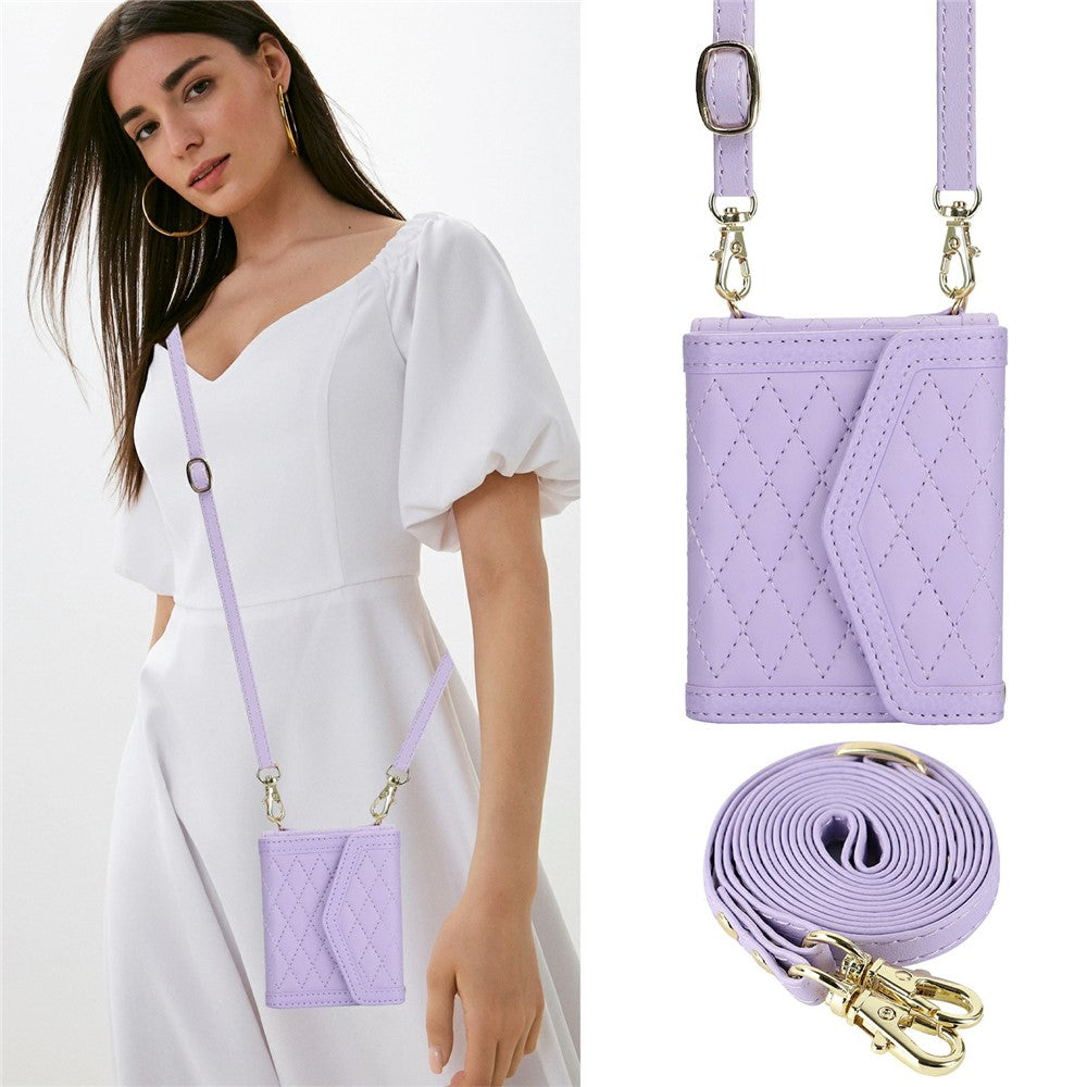 For Samsung Galaxy Z Flip7 5G Case Card Holders RFID Blocking PU Leather Phone Back Cover with Shoulder Strap - Purple