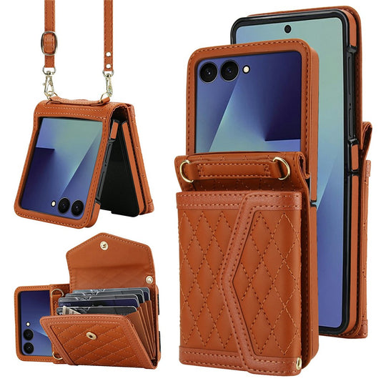 For Samsung Galaxy Z Flip7 5G Case Card Holders RFID Blocking PU Leather Phone Back Cover with Shoulder Strap - Brown