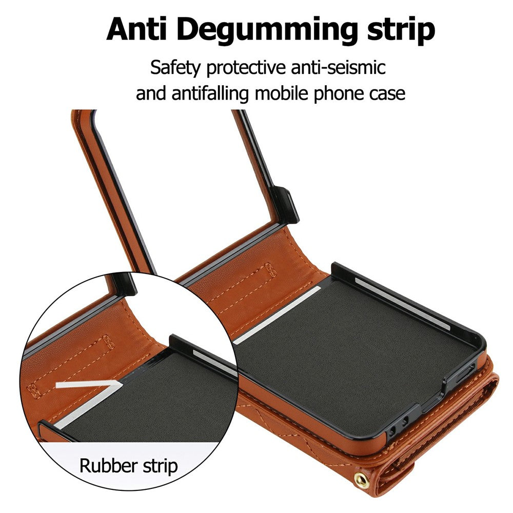 For Samsung Galaxy Z Flip7 5G Case Card Holders RFID Blocking PU Leather Phone Back Cover with Shoulder Strap - Brown