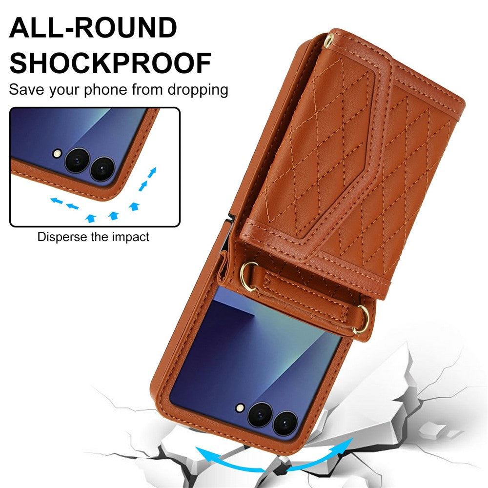 For Samsung Galaxy Z Flip7 5G Case Card Holders RFID Blocking PU Leather Phone Back Cover with Shoulder Strap - Brown
