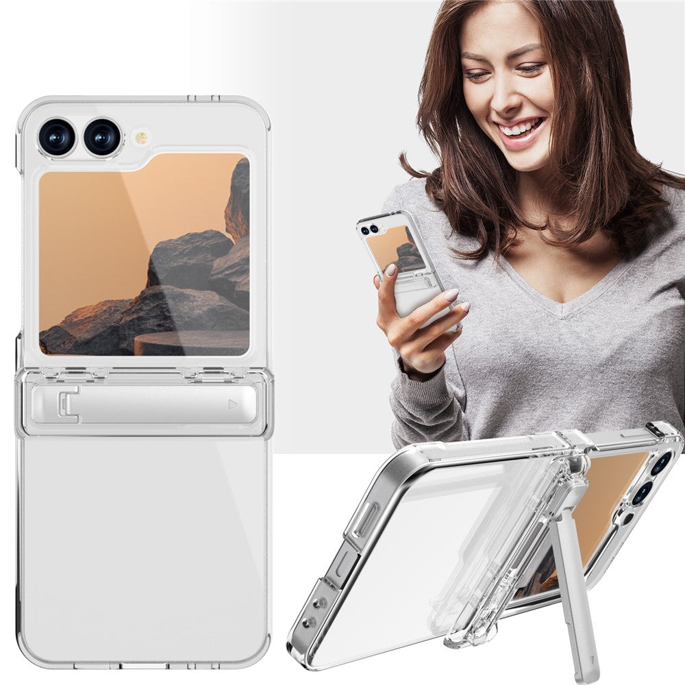 GW18 For Samsung Galaxy Z Flip7 FE 5G  /  Flip6 5G Case Rubberized Hard PC Kickstand Phone Cover - Clear