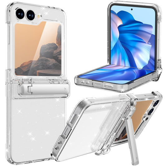 GW18 For Samsung Galaxy Z Flip7 FE 5G  /  Flip6 5G Case Rubberized Hard PC Kickstand Phone Cover - Clear Glitter